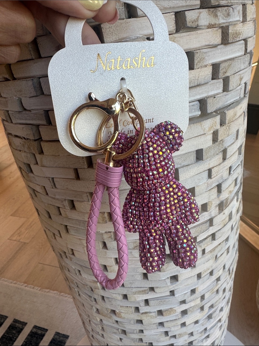 Natasha Couture Pink Crystal Teddy Keyring with Braided Wristlet